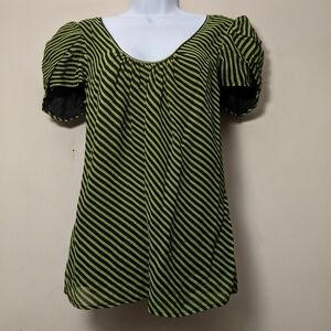 Dora Landa Green and Black Silk Boat Neck Short Puff Sleeve Blouse Top S